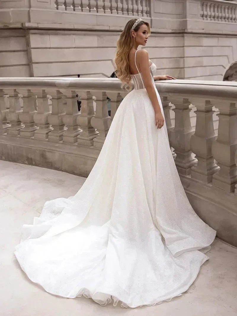 Simple Wedding Dresses With Shiny Tulle Sexy Spaghetti Straps Vestidos De Novia Custom-Made Vestido De Noiva (ZD14024)