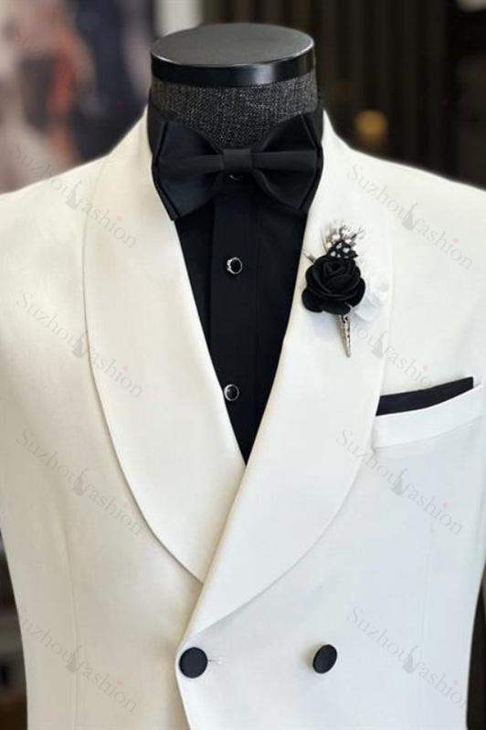 Simple White Shawl Lapel Double Breasted Wedding Suit for Men