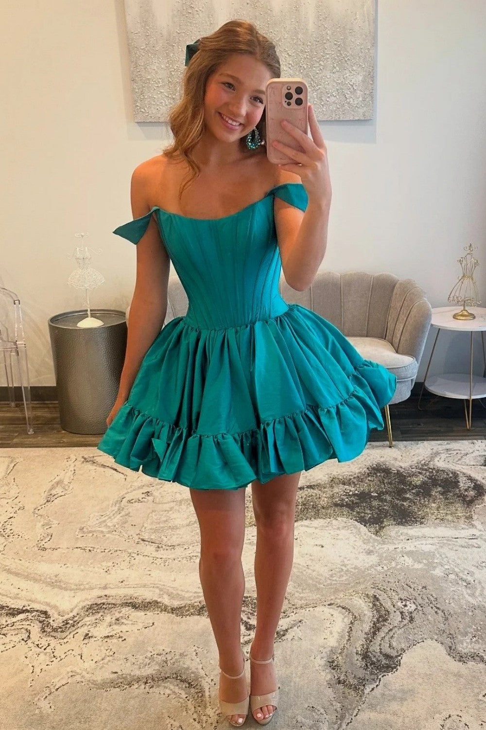 Sweety A Line Off the Shoulder Green Corset Homecoming Dress with Ruched