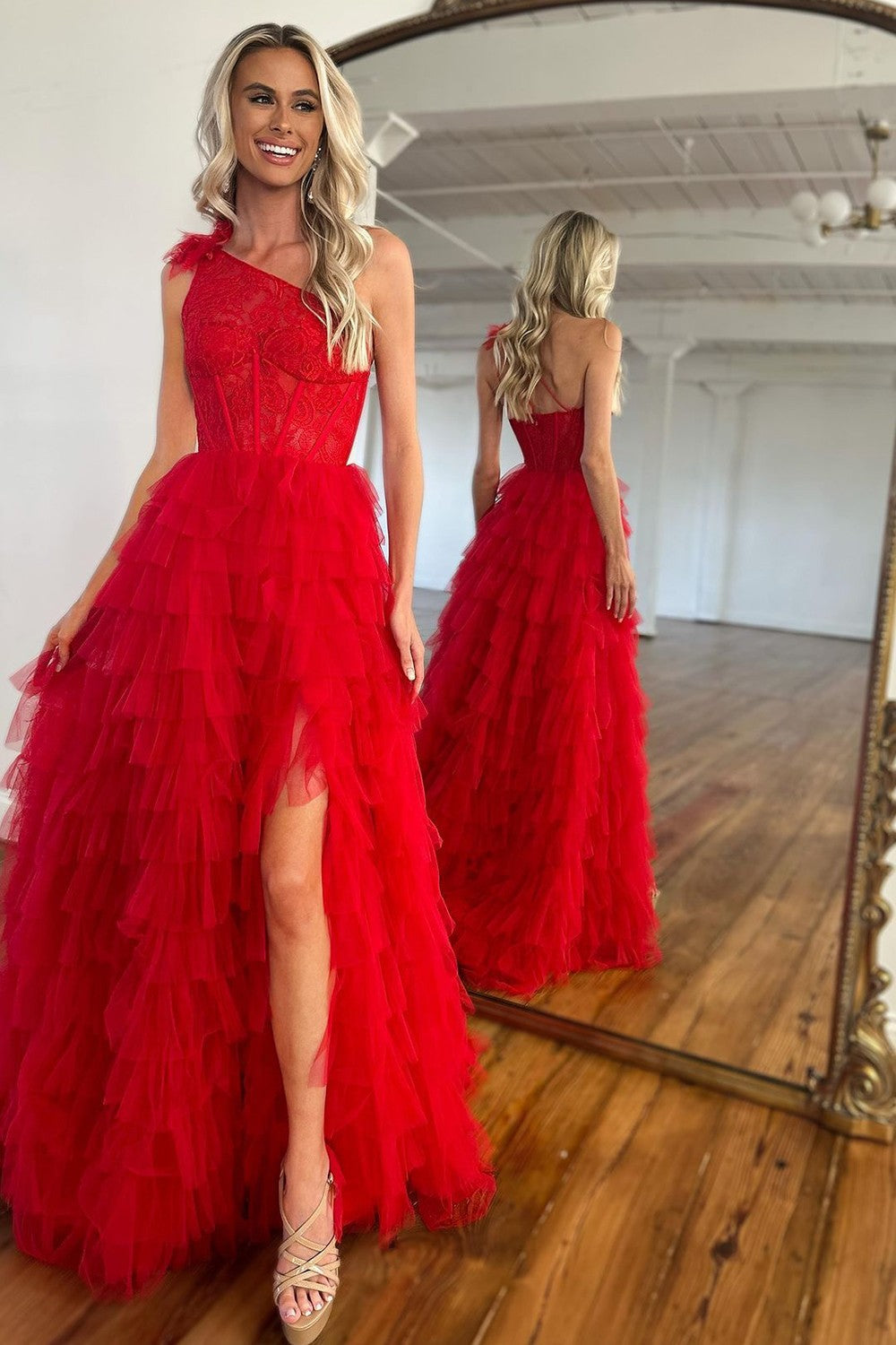 Simple A-Line One Shoulder Long Red Ruffle Prom Dress With Split