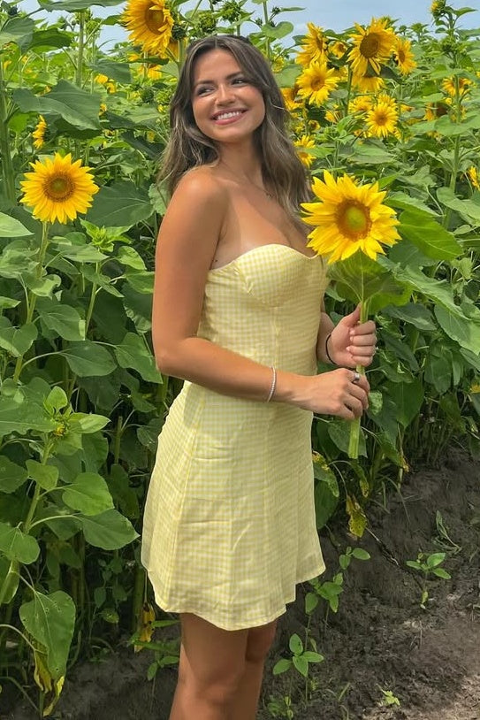 Simple A Line Strapless Yellow Plaid Short Mini Dress