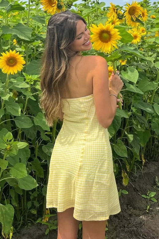 Simple A Line Strapless Yellow Plaid Short Mini Dress
