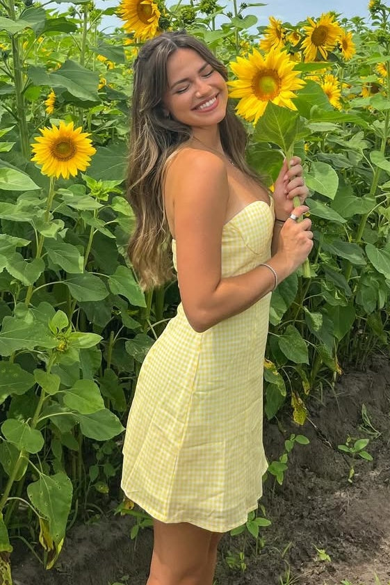 Simple A Line Strapless Yellow Plaid Short Mini Dress