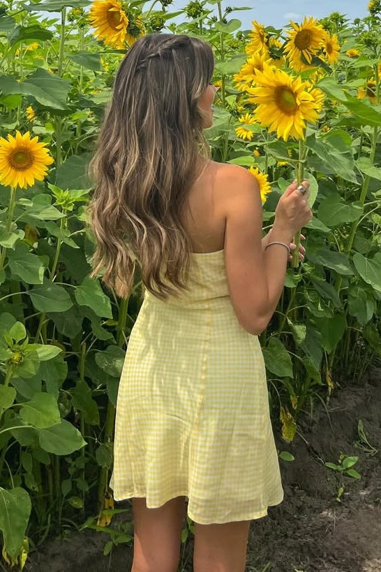 Simple A Line Strapless Yellow Plaid Short Mini Dress