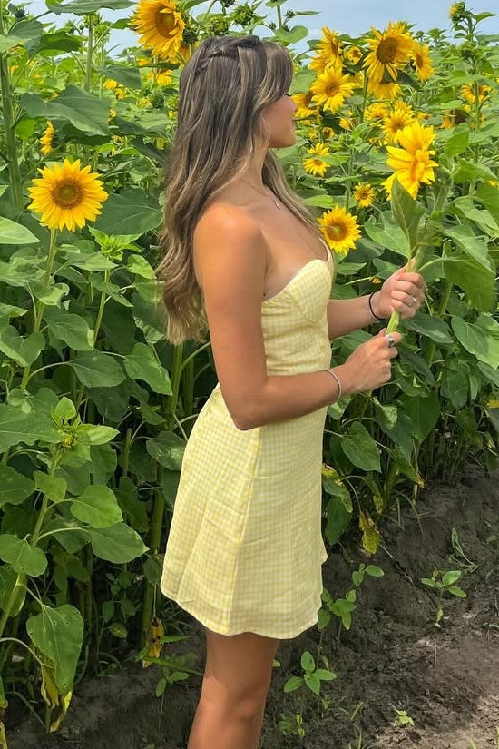 Simple A Line Strapless Yellow Plaid Short Mini Dress