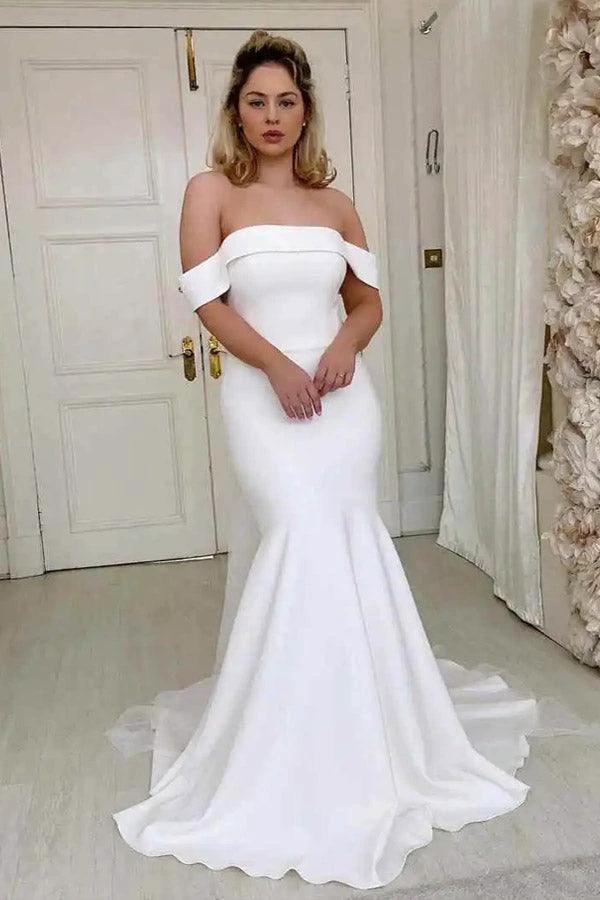 Simple Mermaid Off The Shoulder Ivory Satin Wedding Dress (ZD16198)