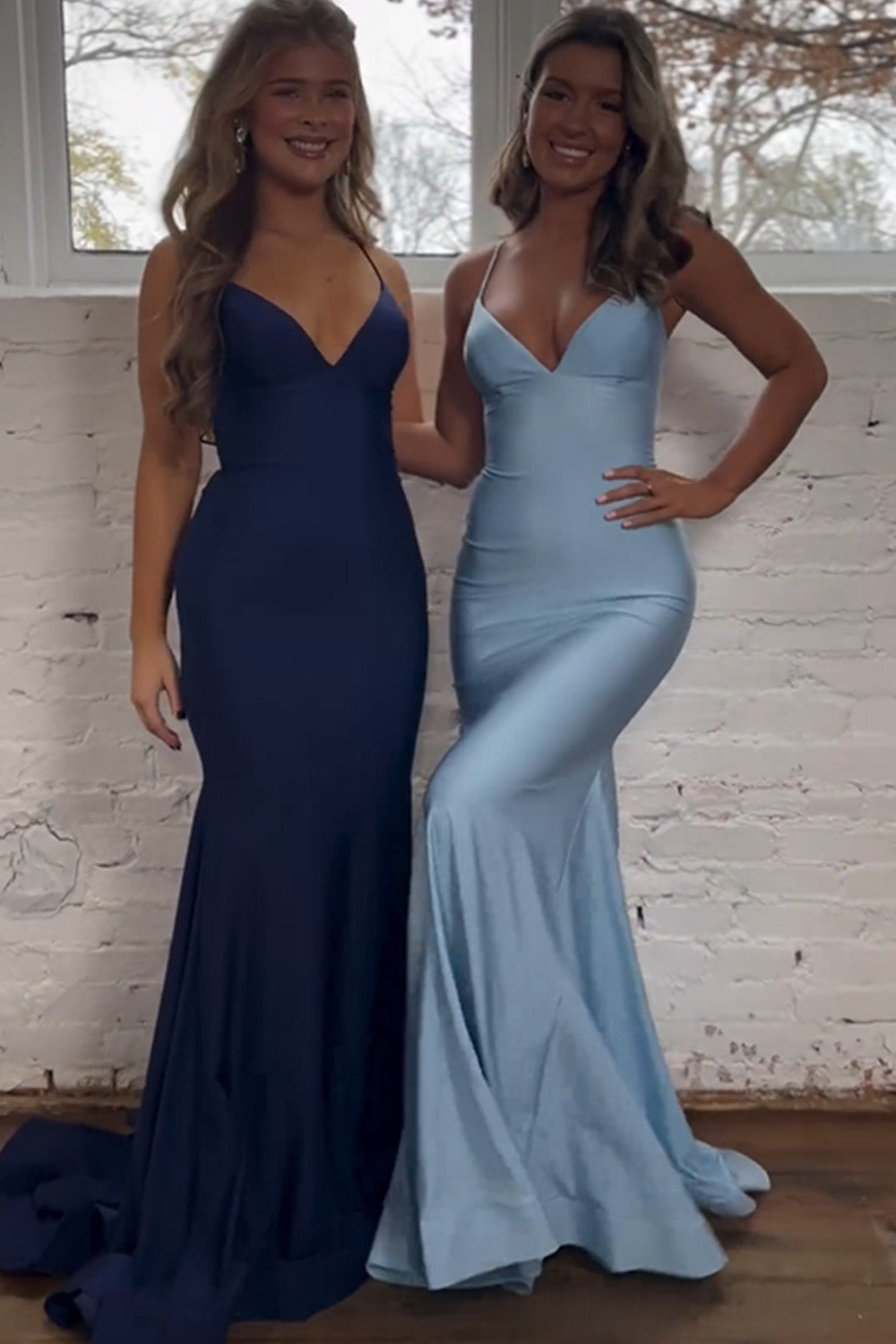 Pretty Mermaid Spaghetti Straps Lace Up Back Long Satin Prom Dress - View 3 | VelvetHem