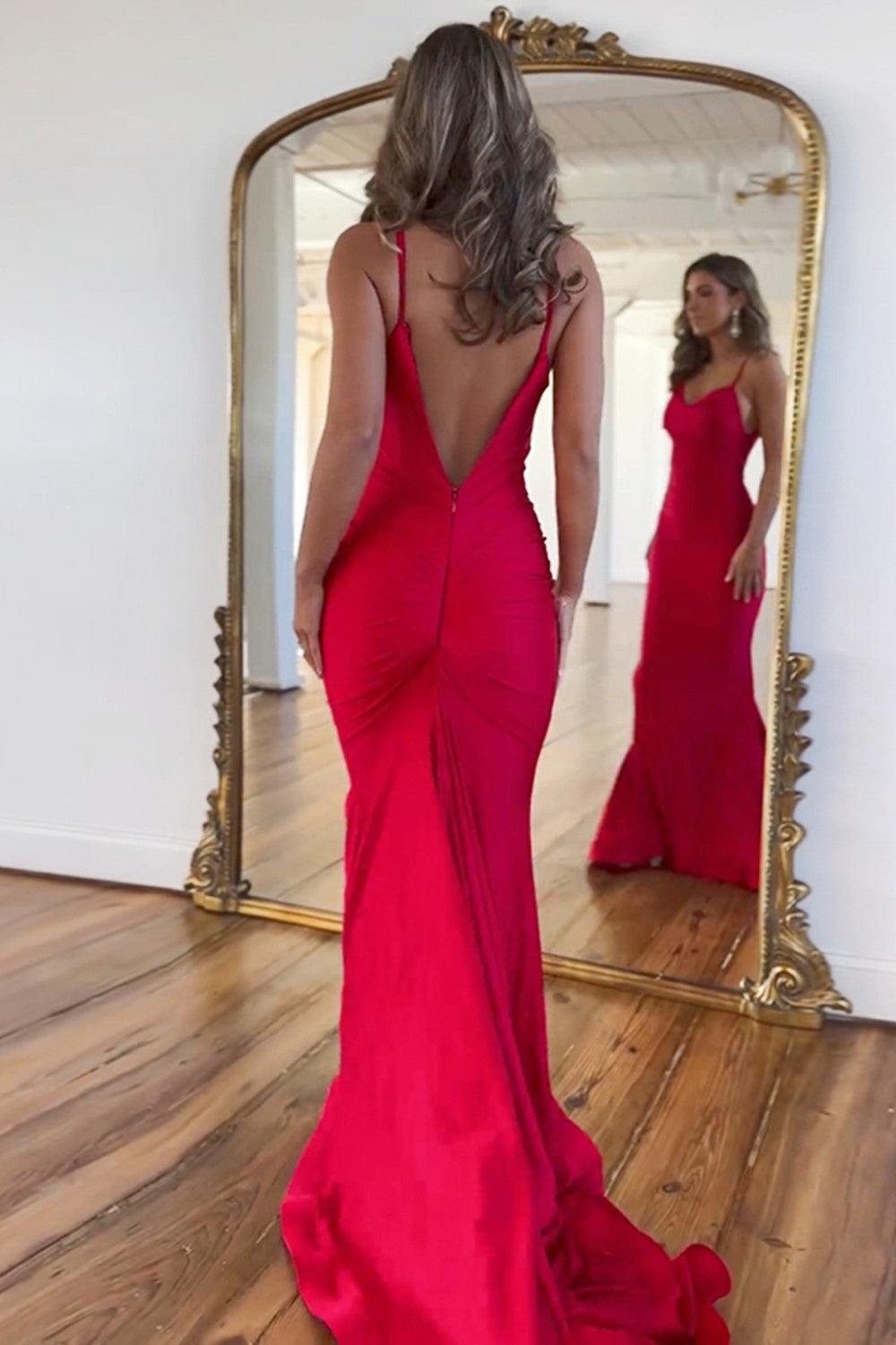 Simple Satin Red Mermaid Spaghetti Straps Long Prom Dress - View 2 | VelvetHem