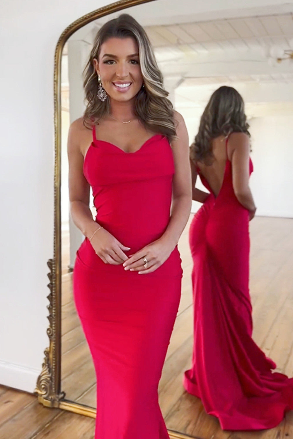 Simple Satin Red Mermaid Spaghetti Straps Long Prom Dress - View 3 | VelvetHem