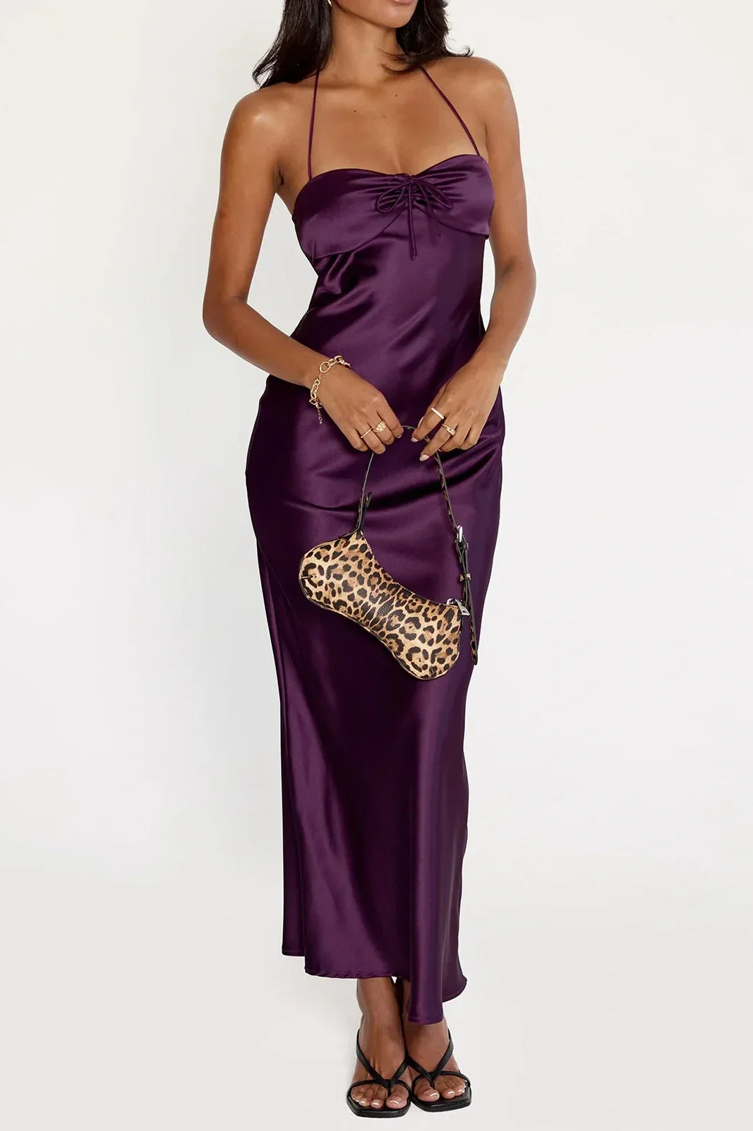 Simple Sheath Halter Neck Purple Tea Length Party Dress