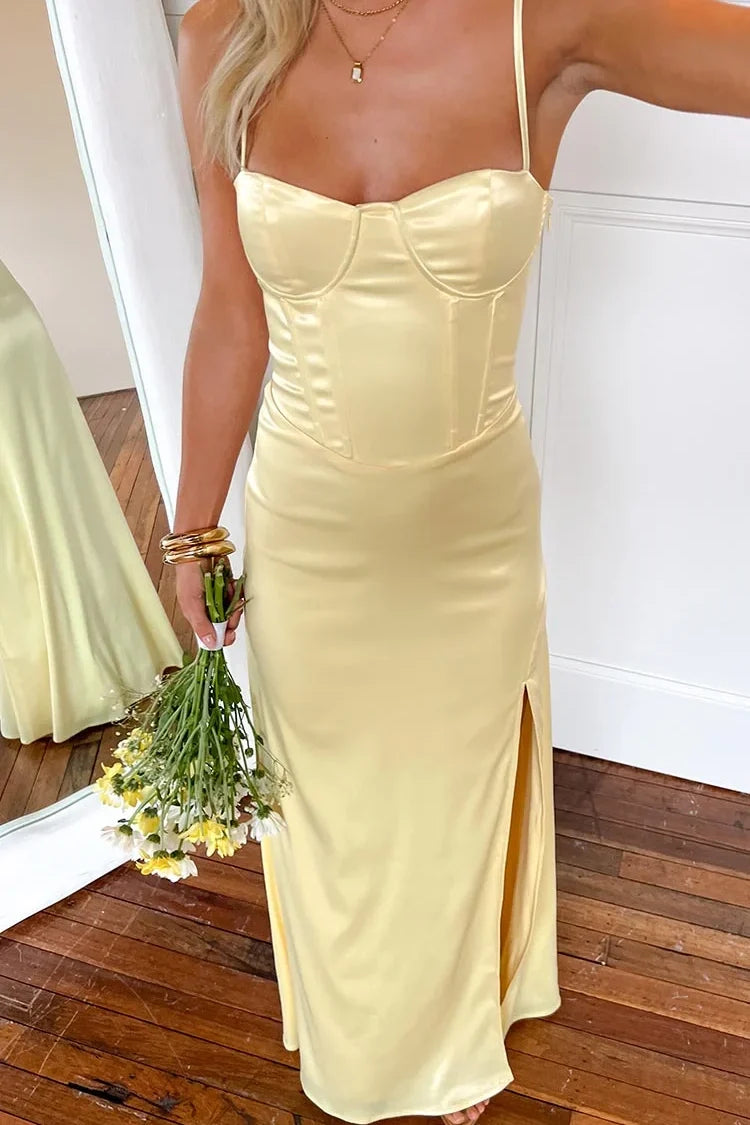 Simple Sheath Spaghetti Straps Yellow Long Prom Dress with Split Front - VelvetHem