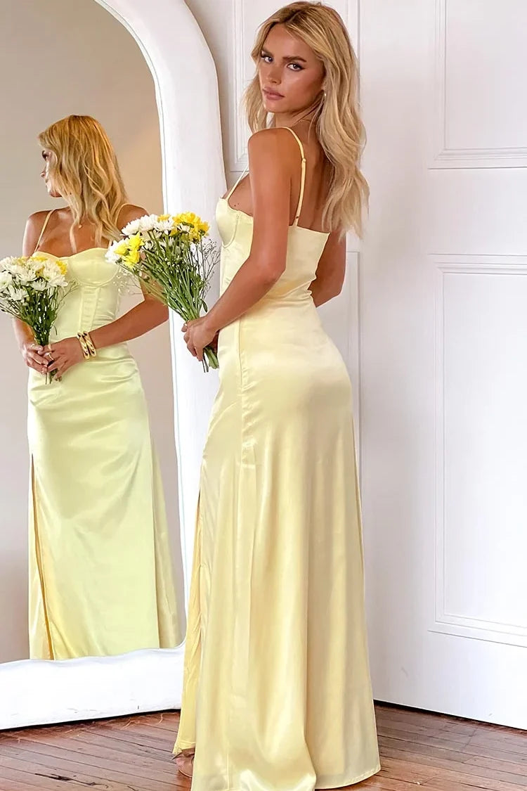Simple Sheath Spaghetti Straps Yellow Long Prom Dress with Split Front - View 2 | VelvetHem
