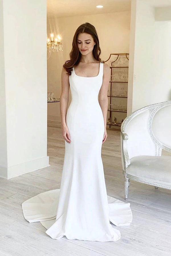 Simple Sheath Square Neck Long Backless Wedding Dress WD599 by pgmdress
