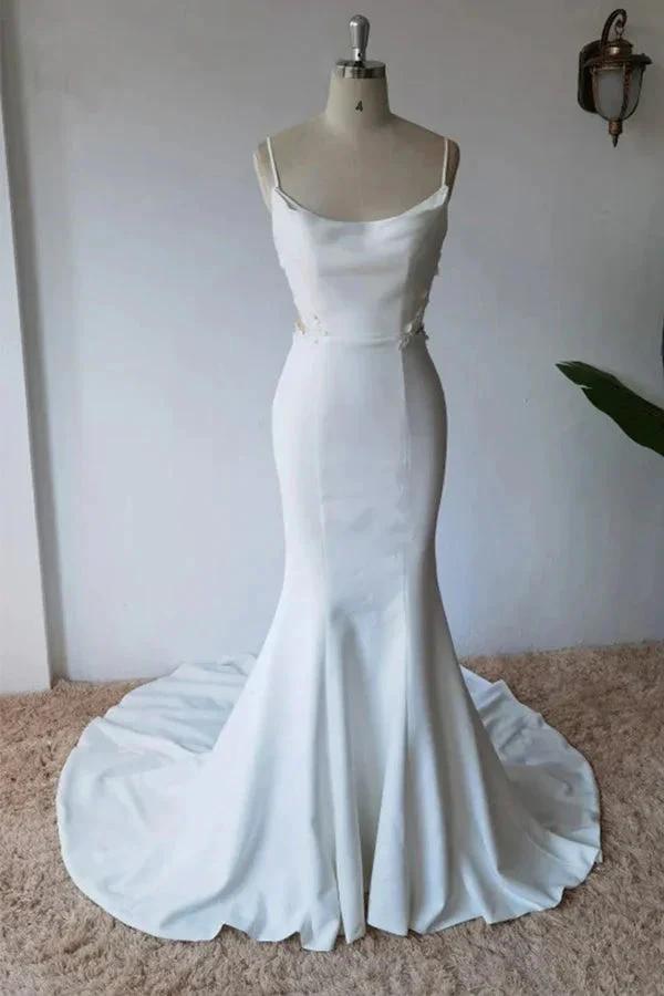 Simple Spaghetti Straps Satin Mermaid Modest Wedding Dress (ZD16151)