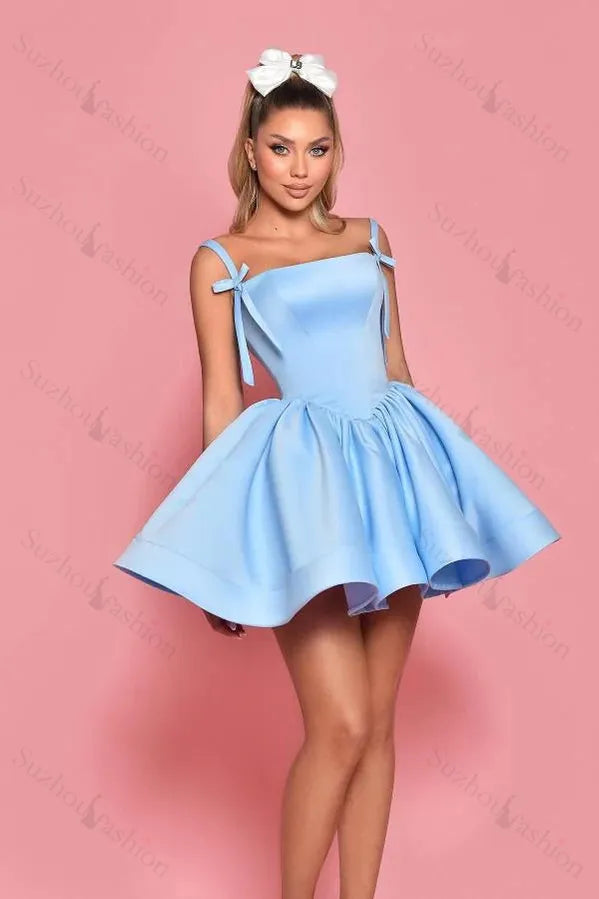 Sky Blue Homecoming Dress A Line Satin Short Cocktail Dresses with Bowknot