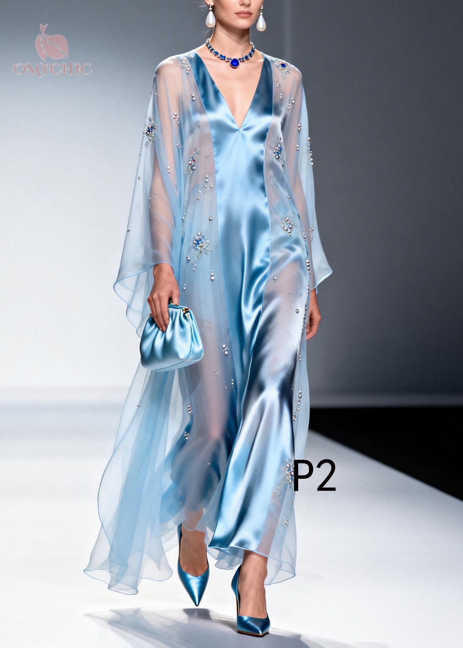 Sky Blue Patchwork Tulle Chiffon Evening Dresses Rhinestone Summer