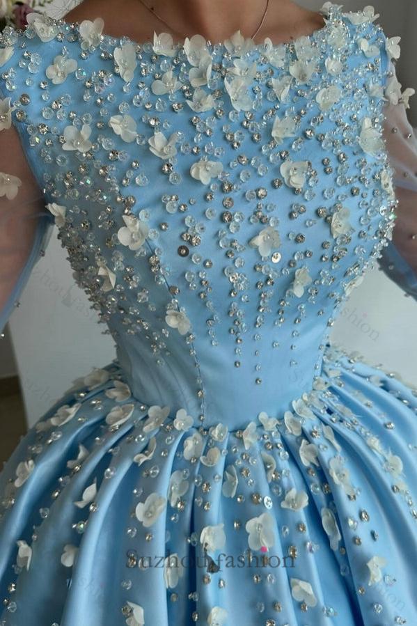 Sky Blue Prom Dress A Line Satin Rhinestones Formal Dress With Sleeves