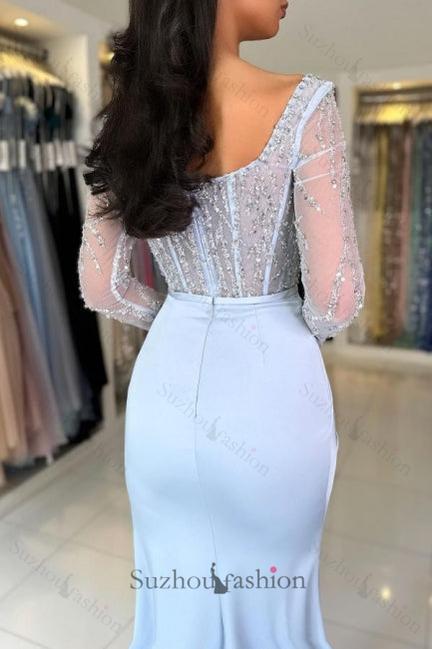 Sky Blue Prom Dress Mermaid Scoop Beaded Sleeves Slit Satin Formal Dress With Sequins