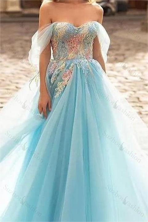 Sky Blue Prom Dress Off the Shoulder Tulle Sleeveless Sweetheart A Line Long Evening Formal Dress