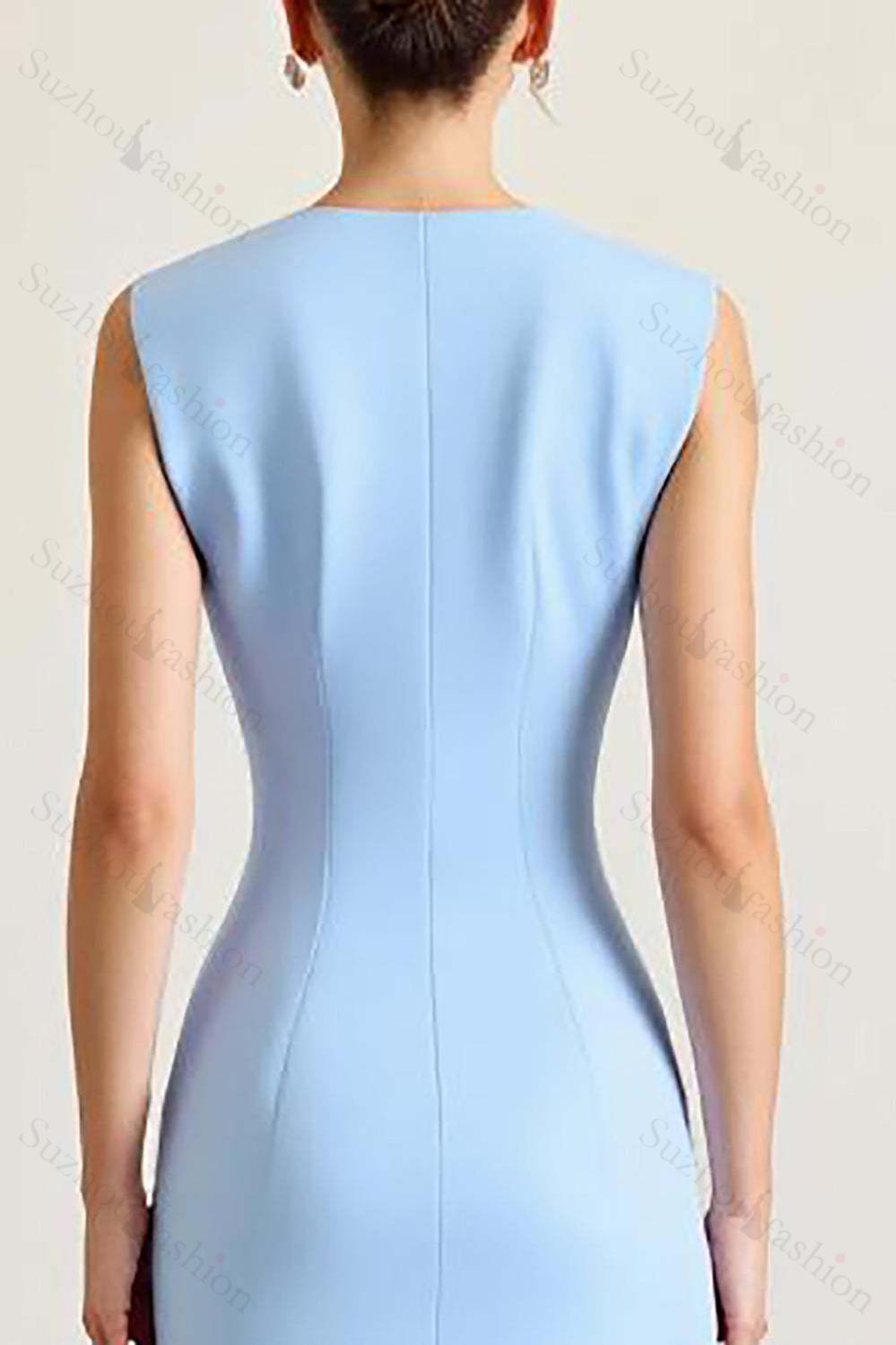Sky Blue Prom Dress Satin Boat Neck Long Sheath Formal Dress With Slit