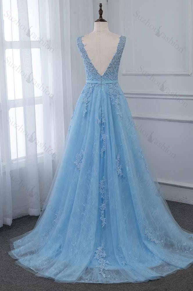 Sky Blue Prom Dress Scoop Sleeveless Evening Formal Dress Long With Lace Appliques