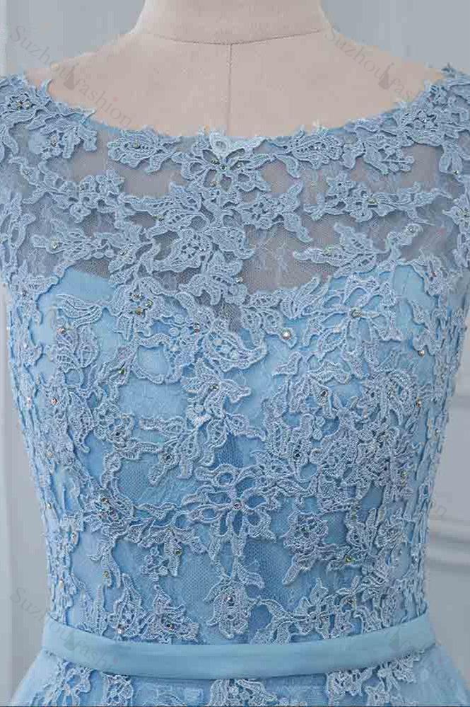 Sky Blue Prom Dress Scoop Sleeveless Evening Formal Dress Long With Lace Appliques