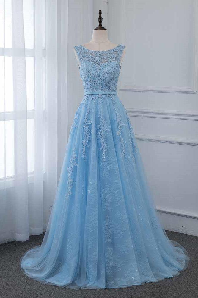 Sky Blue Prom Dress Scoop Sleeveless Evening Formal Dress Long With Lace Appliques