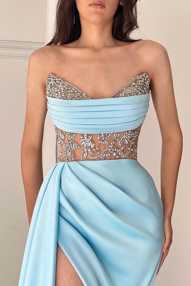 Sky Blue Prom Dress Strapless Mermaid Evening Formal Dress Split With Beadings