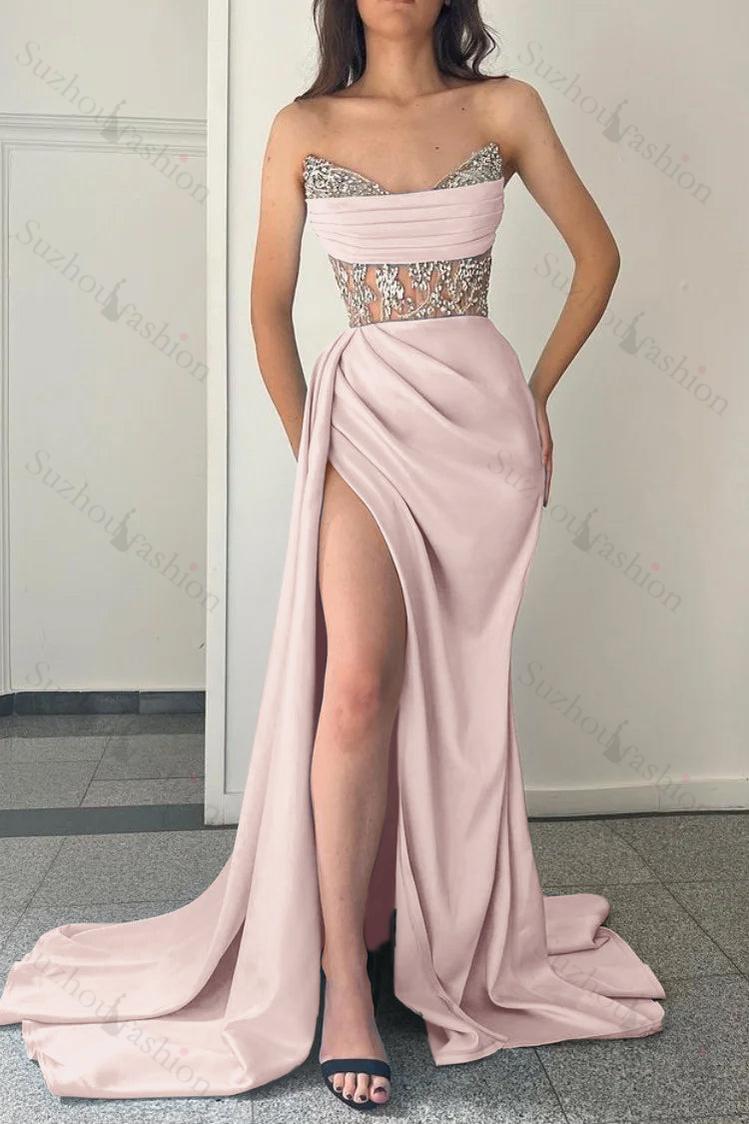 Sky Blue Prom Dress Strapless Mermaid Evening Formal Dress Split With Beadings