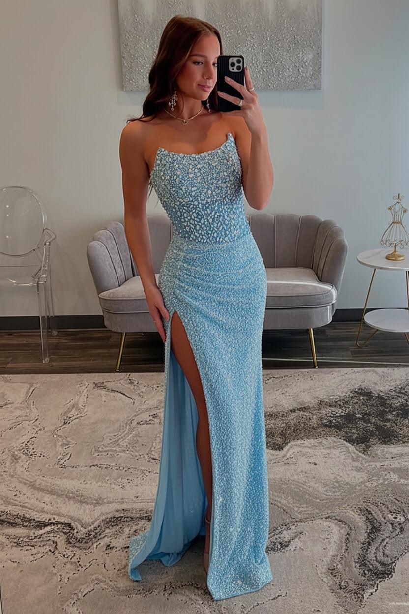 Champagne Prom Dress Strapless Sheath Beaded Long Formal Dress With Slit