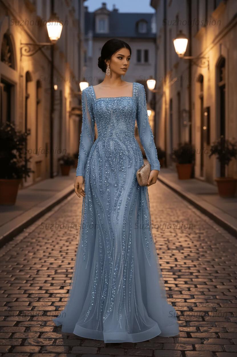 Square Neck Long Sleeves Long Mermaid Evening Formal Dress With Beading Tulle