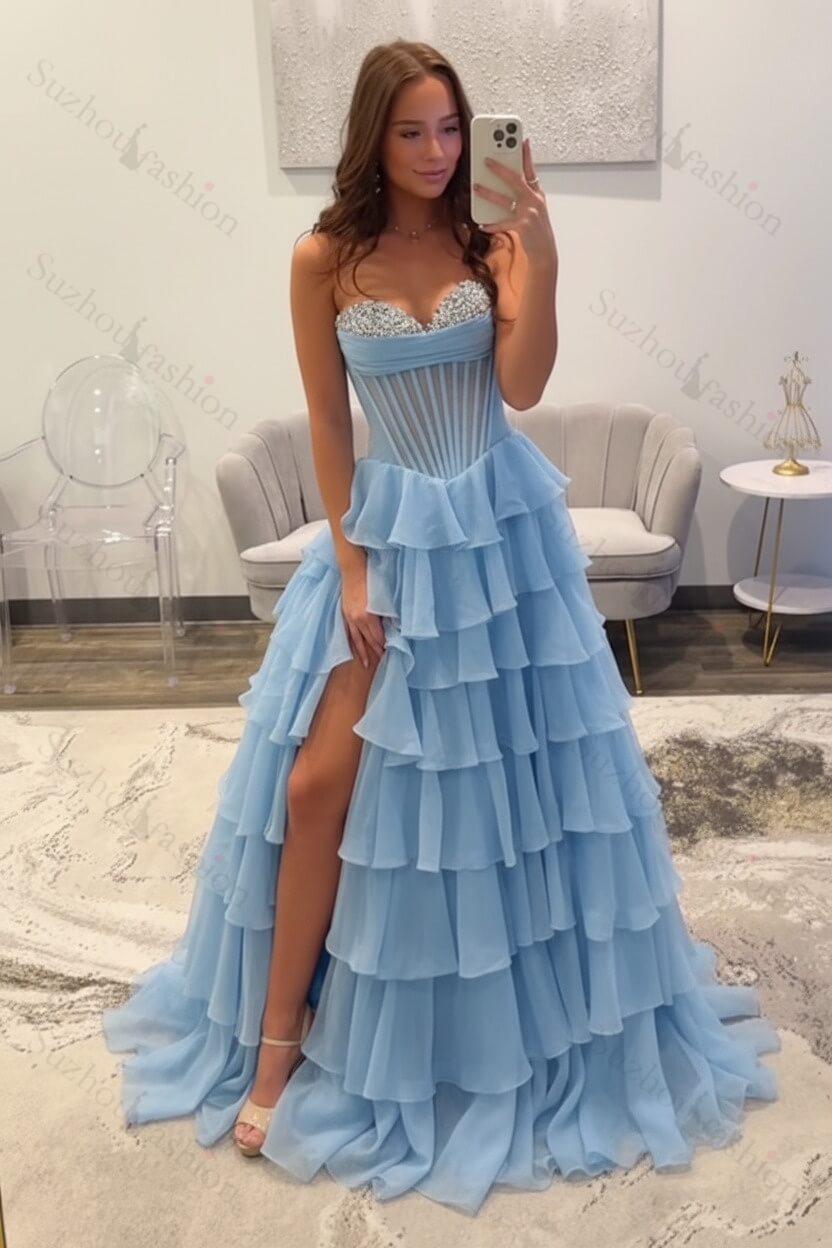 Ruffled Black Prom Dress A Line Corset Long Formal Dress With Beadings