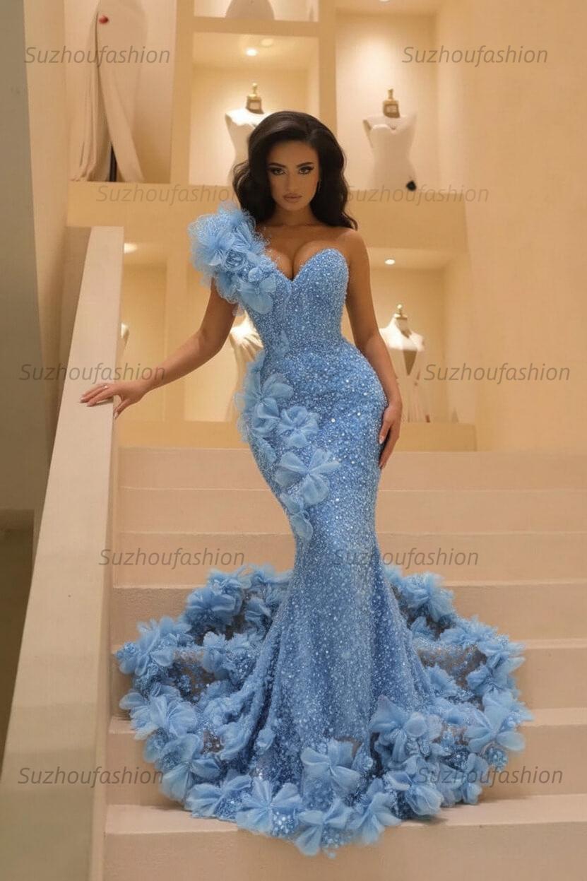 Burgundy One Shoulder Prom Dress Mermaid Sequined Formal Evening Dress with 3D Flowers
