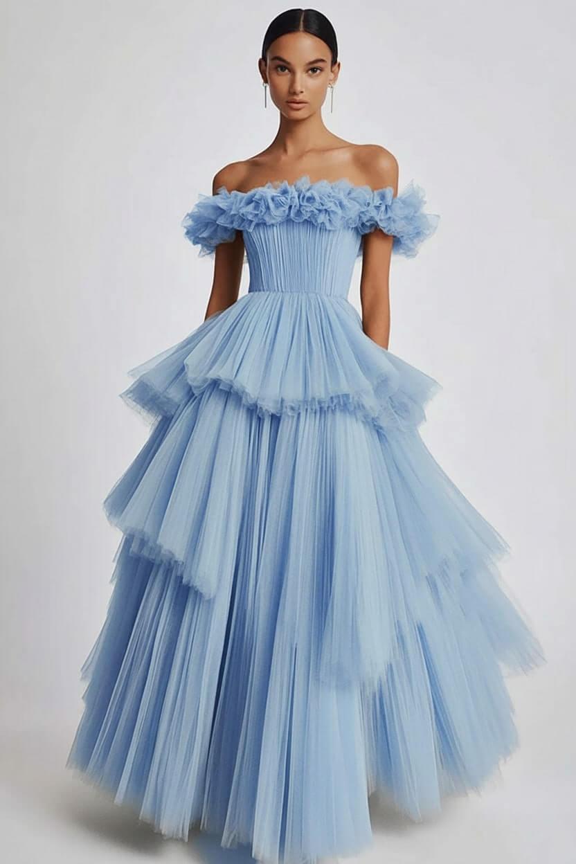 Dusty Sage Prom Dress Tulle Off The Shoulder Ball Gown Formal Dress With Ruffles
