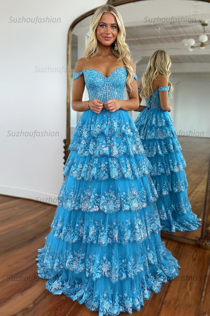 Glitter Hot Pink Corset Off the Shoulder Lace Long Prom Dress
