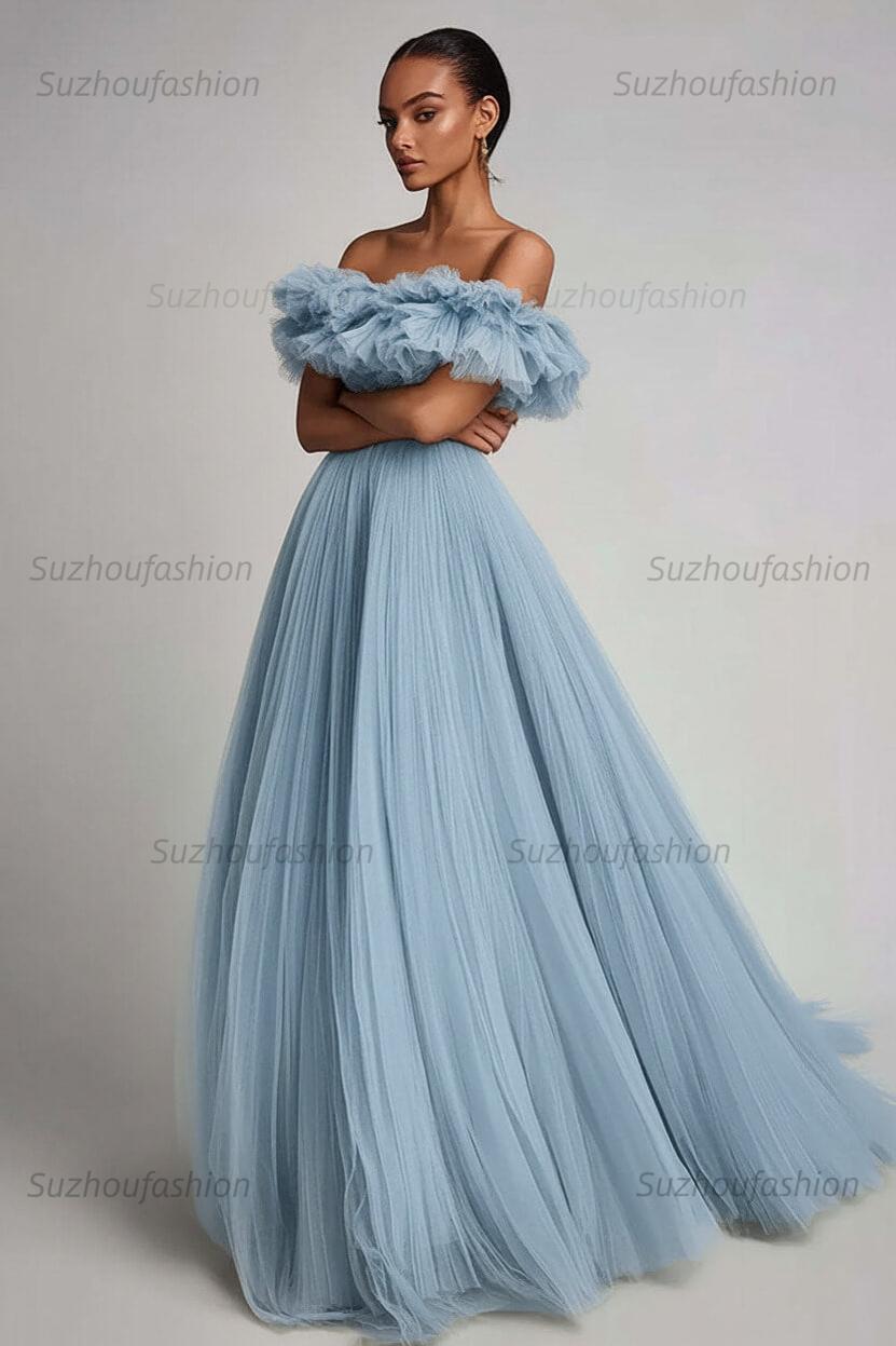 Dusty Sage Prom Dress Tulle A Line Long Formal Dress With Ruffles