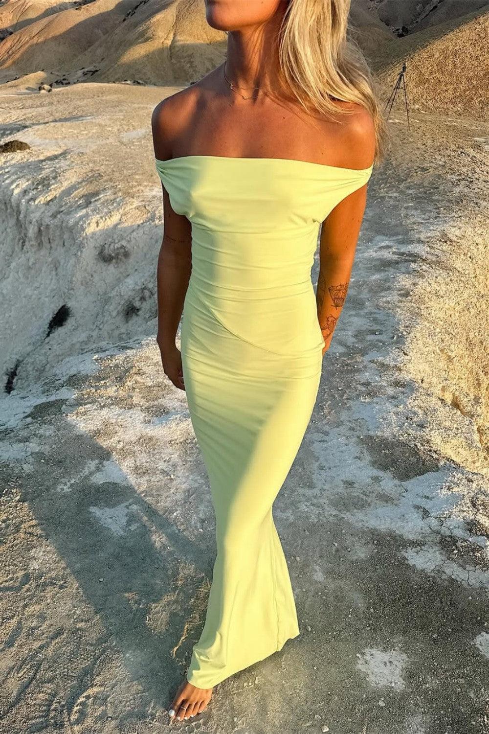 Suzhoufashion Sleek Pastel Yellow Off-Shoulder Mermaid Silhouette Prom Dress Formal Evening Gown