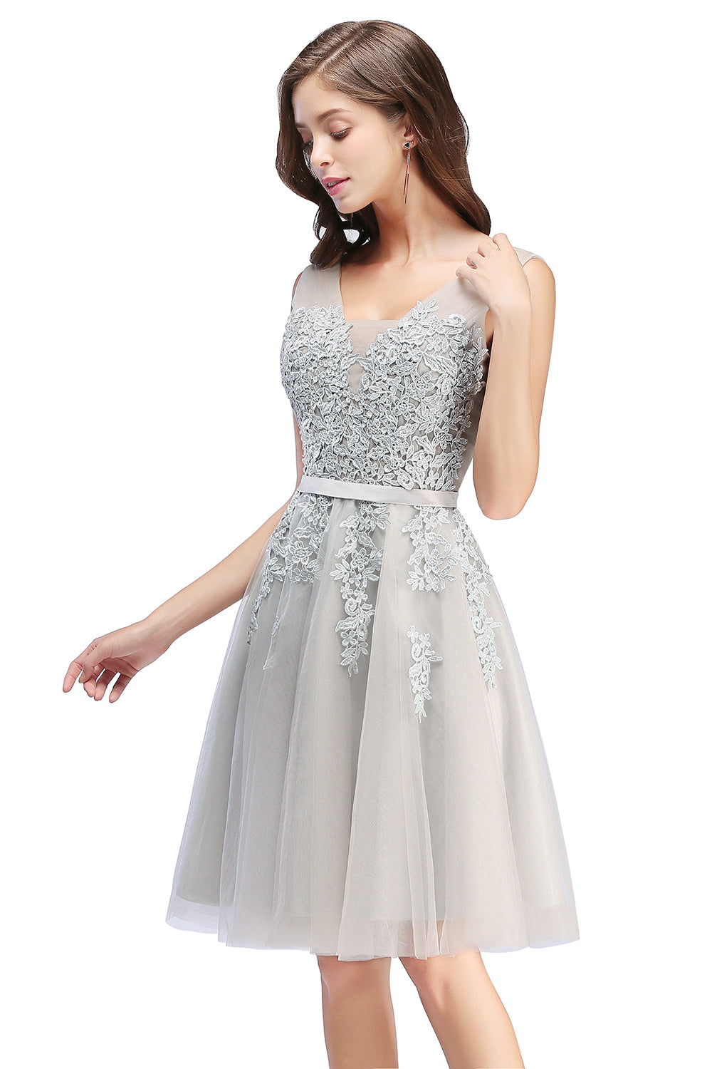 Sleeveless Appliques Tulle Lace V-Neck Knee Length Dress