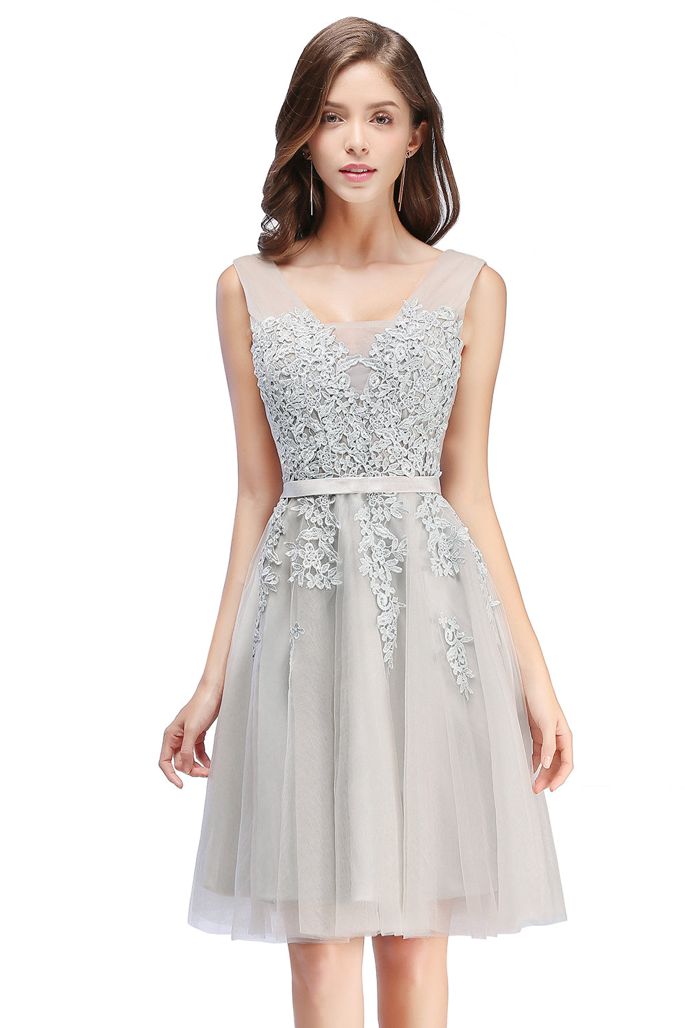 Sleeveless Appliques Tulle Lace V-Neck Knee Length Dress