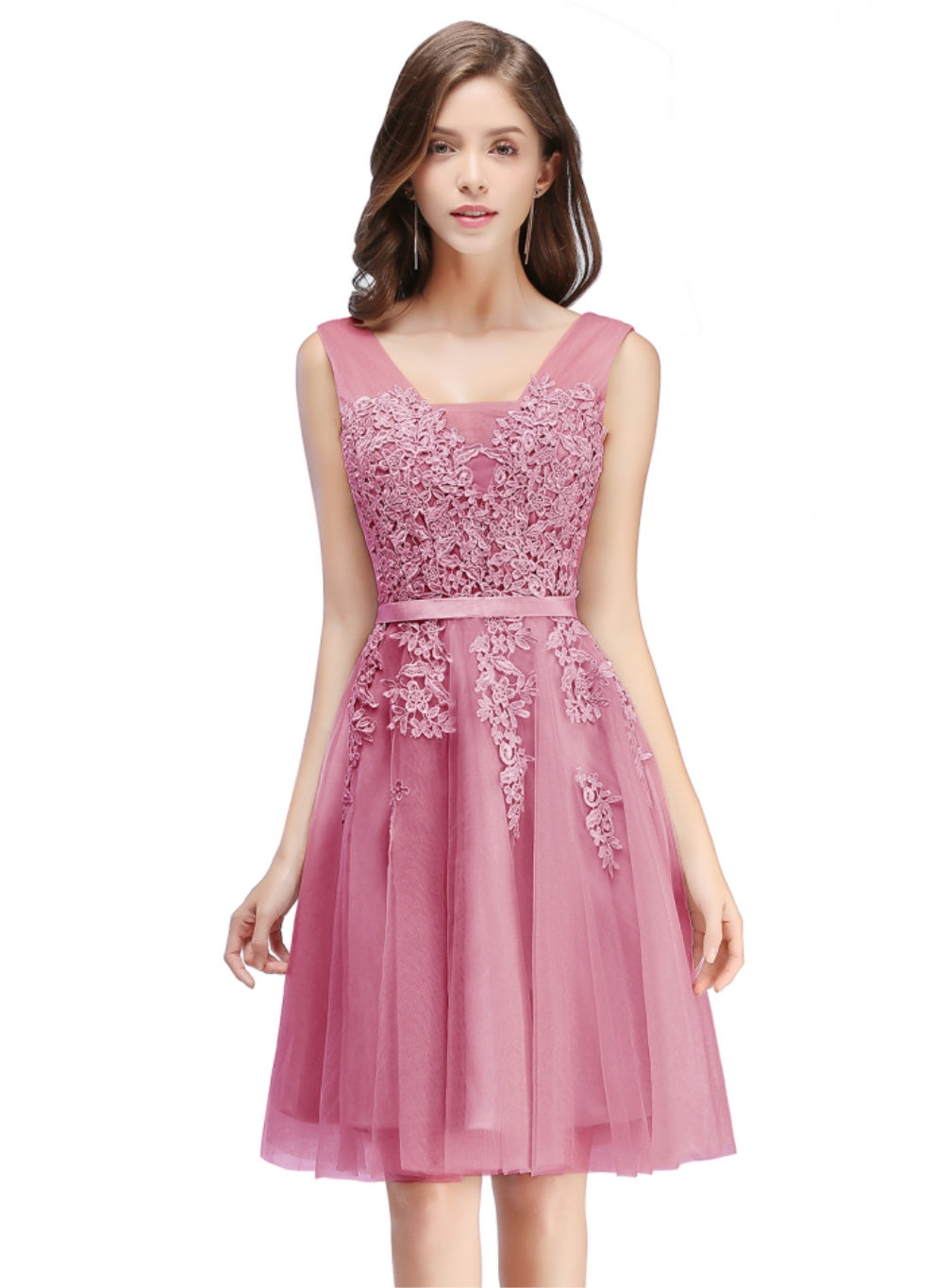 Sleeveless Appliques Tulle Lace V-Neck Knee Length Dress