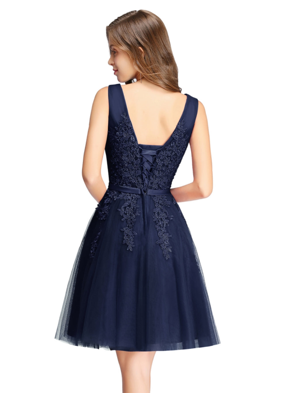 Sleeveless Appliques Tulle Lace V-Neck Knee Length Dress