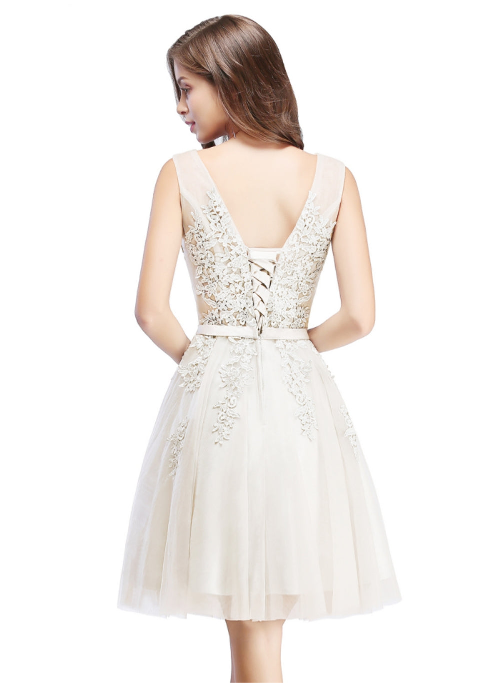 Sleeveless Appliques Tulle Lace V-Neck Knee Length Dress