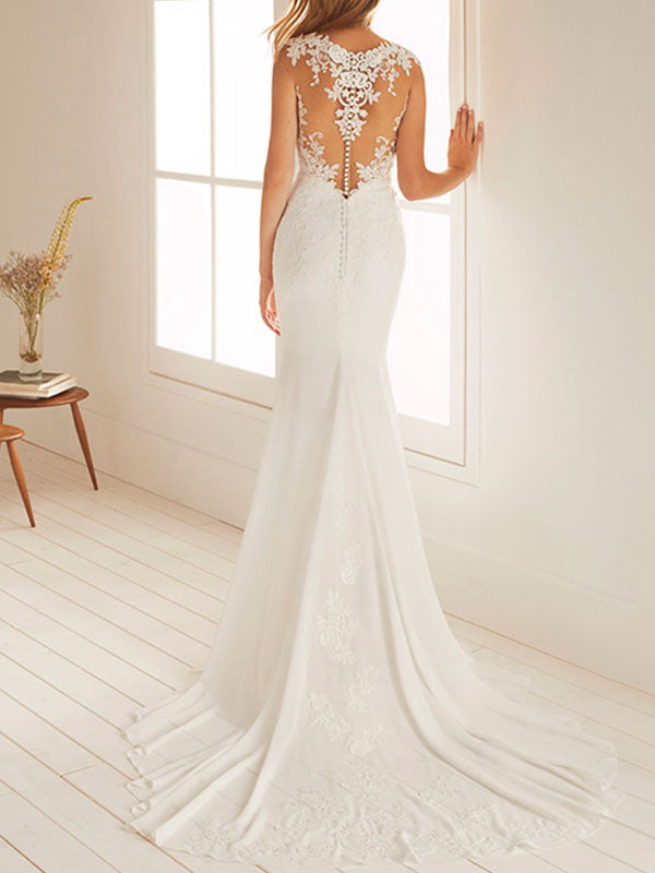 Sleeveless Chiffon Lace White Mermaid Beach Wedding Dresses Long