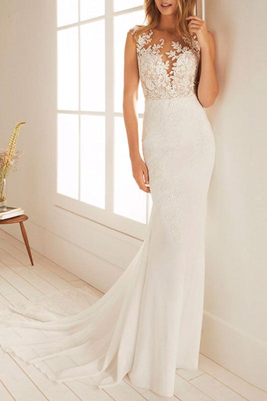 Sleeveless Chiffon Lace White Mermaid Beach Wedding Dresses Long