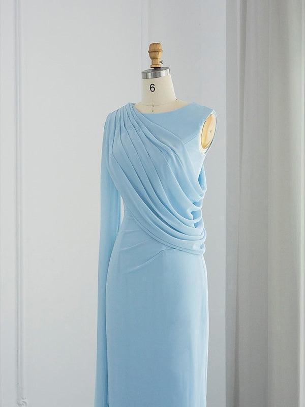 Sleeveless Cowl Neck Chiffon Prom Dress with Feather Ruched Slit and Sheath Column Sweep Brush Train