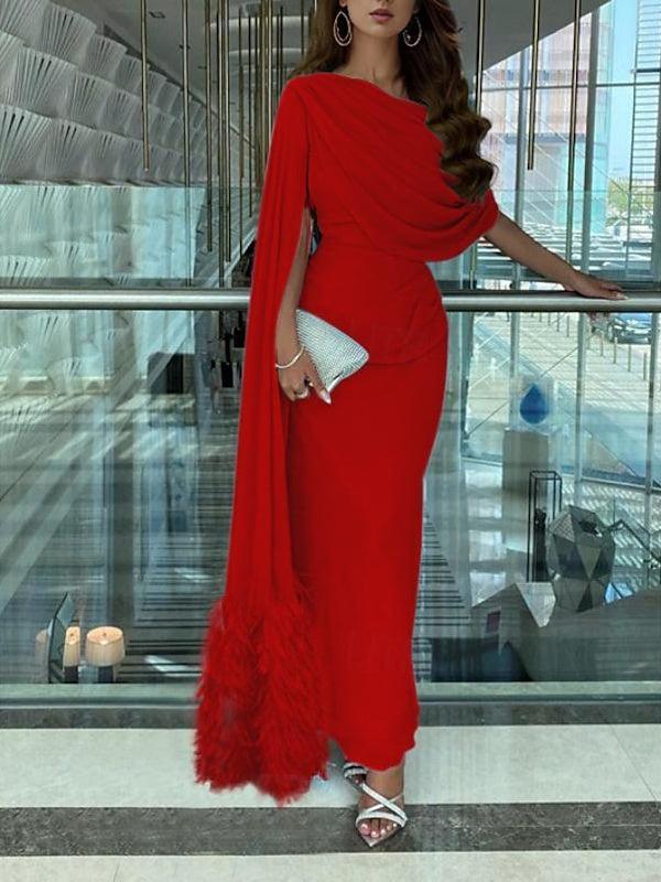 Sleeveless Cowl Neck Chiffon Prom Dress with Feather Ruched Slit and Sheath Column Sweep Brush Train