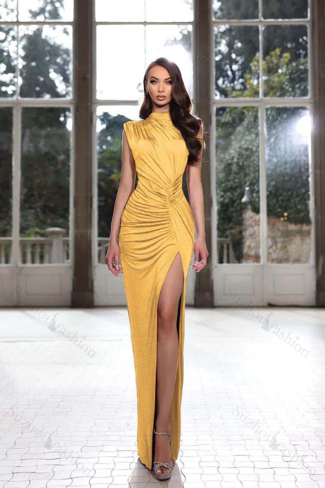 Sleeveless Evening Formal Dress Royal Blue High Neck Prom Dress With High Slit