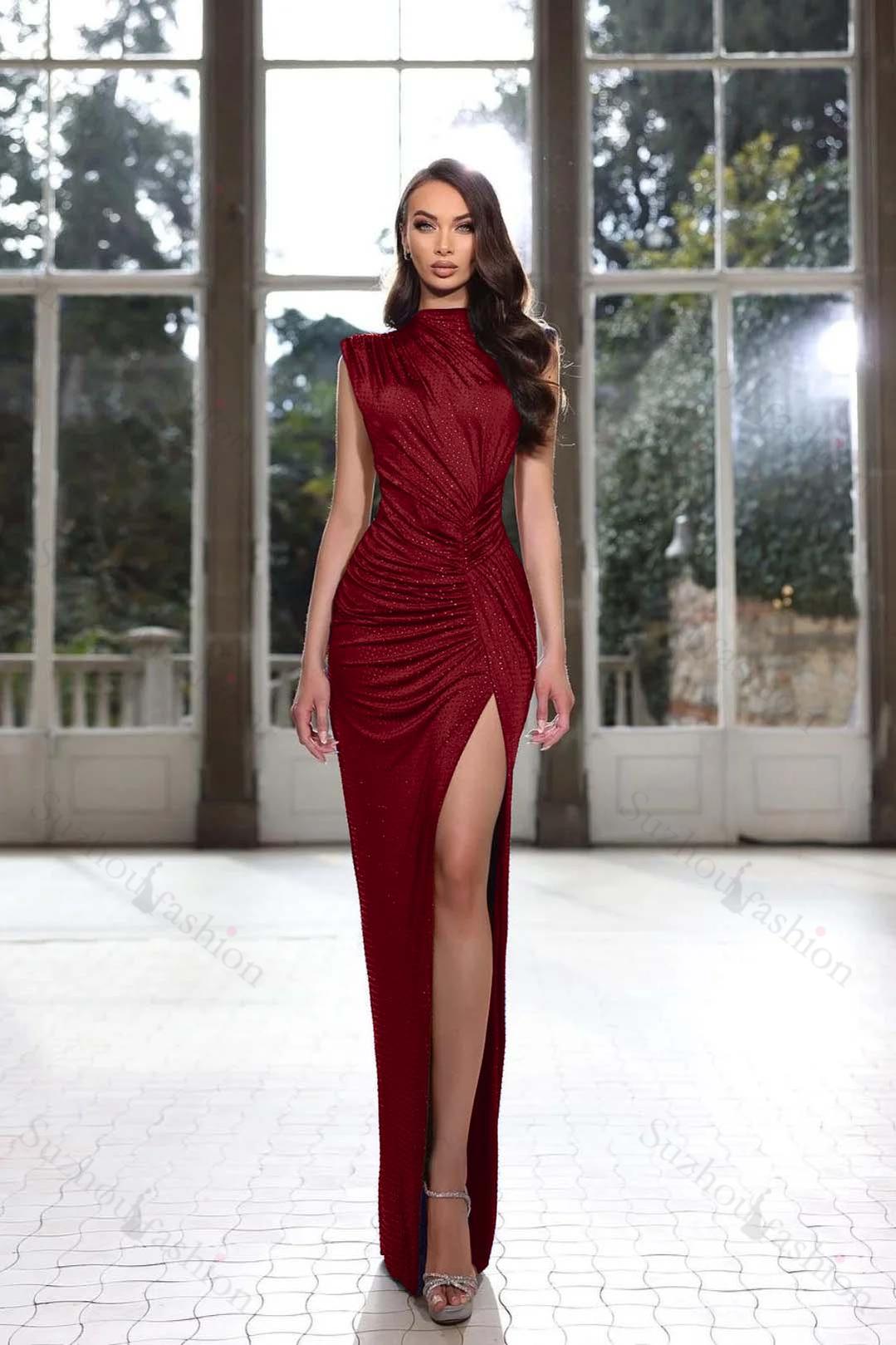 Sleeveless Evening Formal Dress Royal Blue High Neck Prom Dress With High Slit