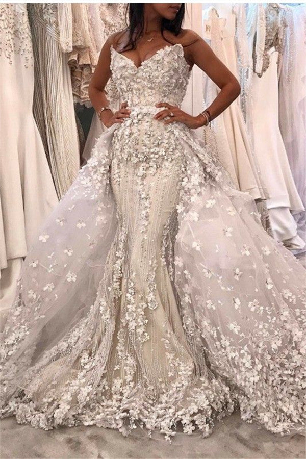 Sleeveless Glamorous Lace Appliques Wedding Dresses | Flower Bridal Gowns With Detachable Overskirt