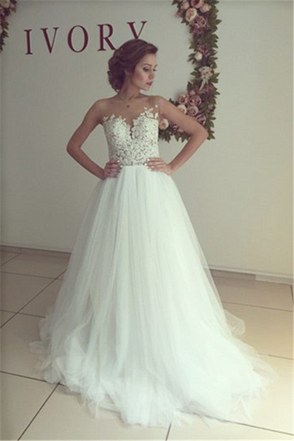 Sleeveless Lace Applique  A-Line Bridal Gowns Button Tulle Long Wedding Dress